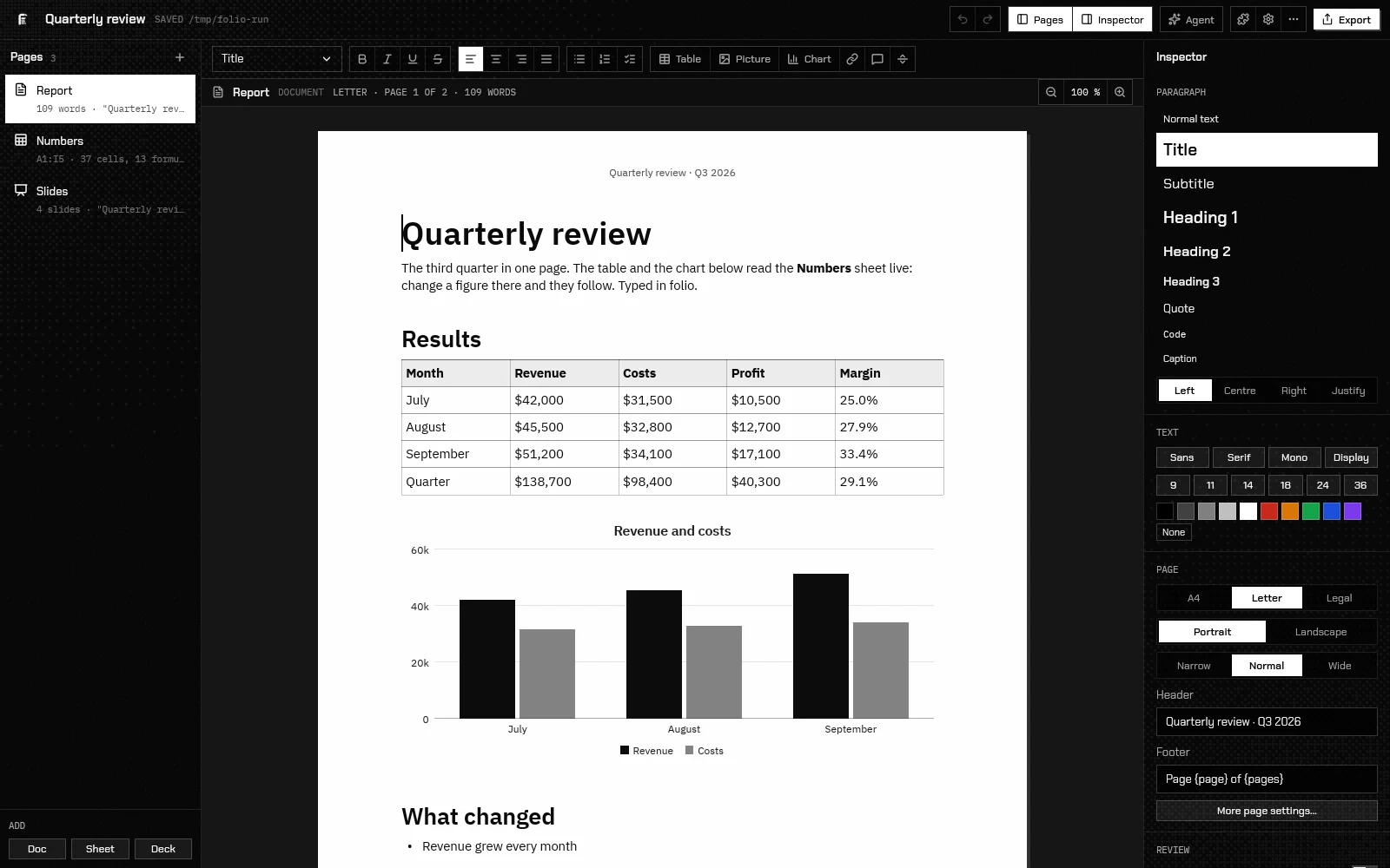 A report with a live spreadsheet table and chart in folio.