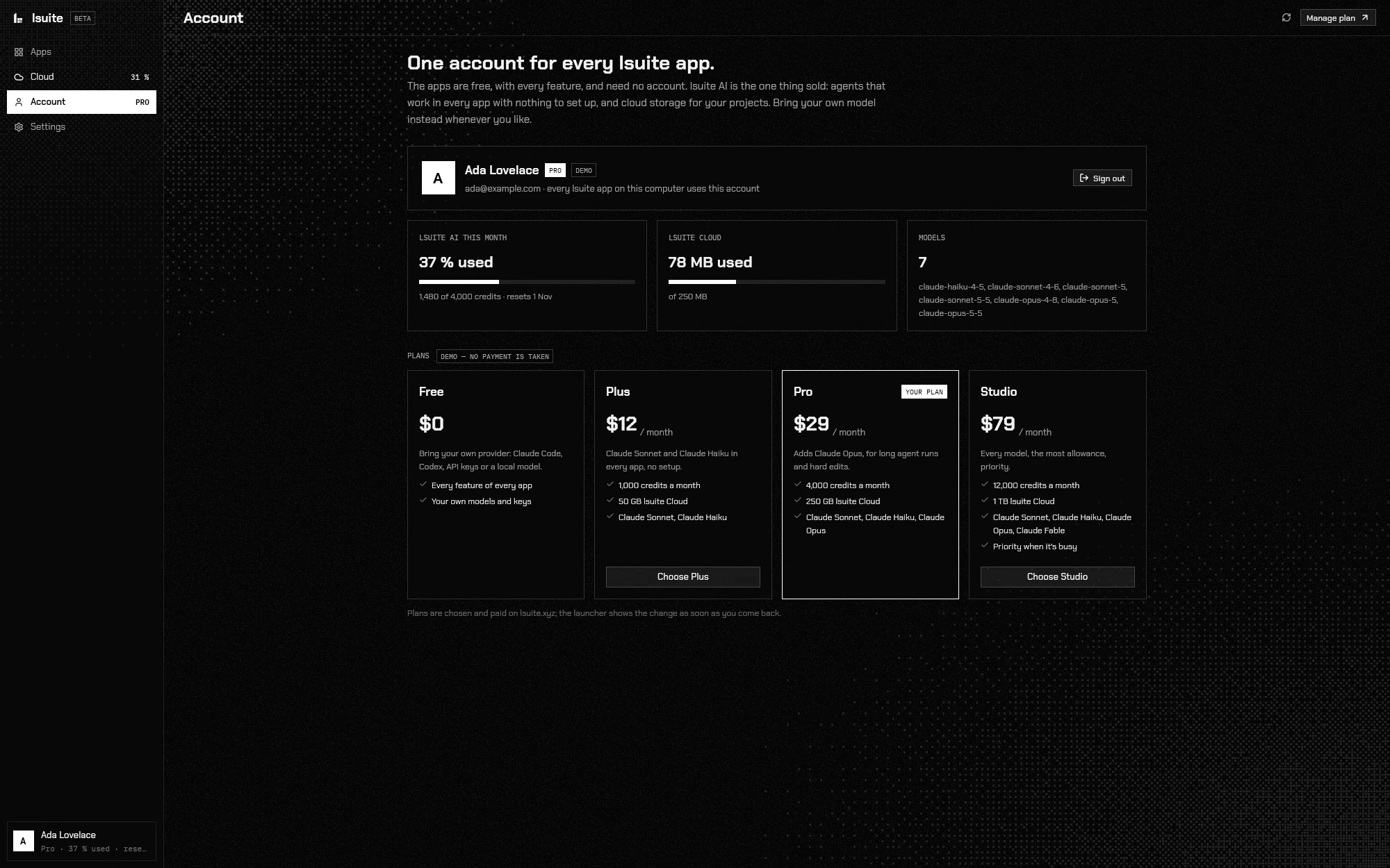 The lsuite AI account in the launcher: plan, allowance and cloud storage.