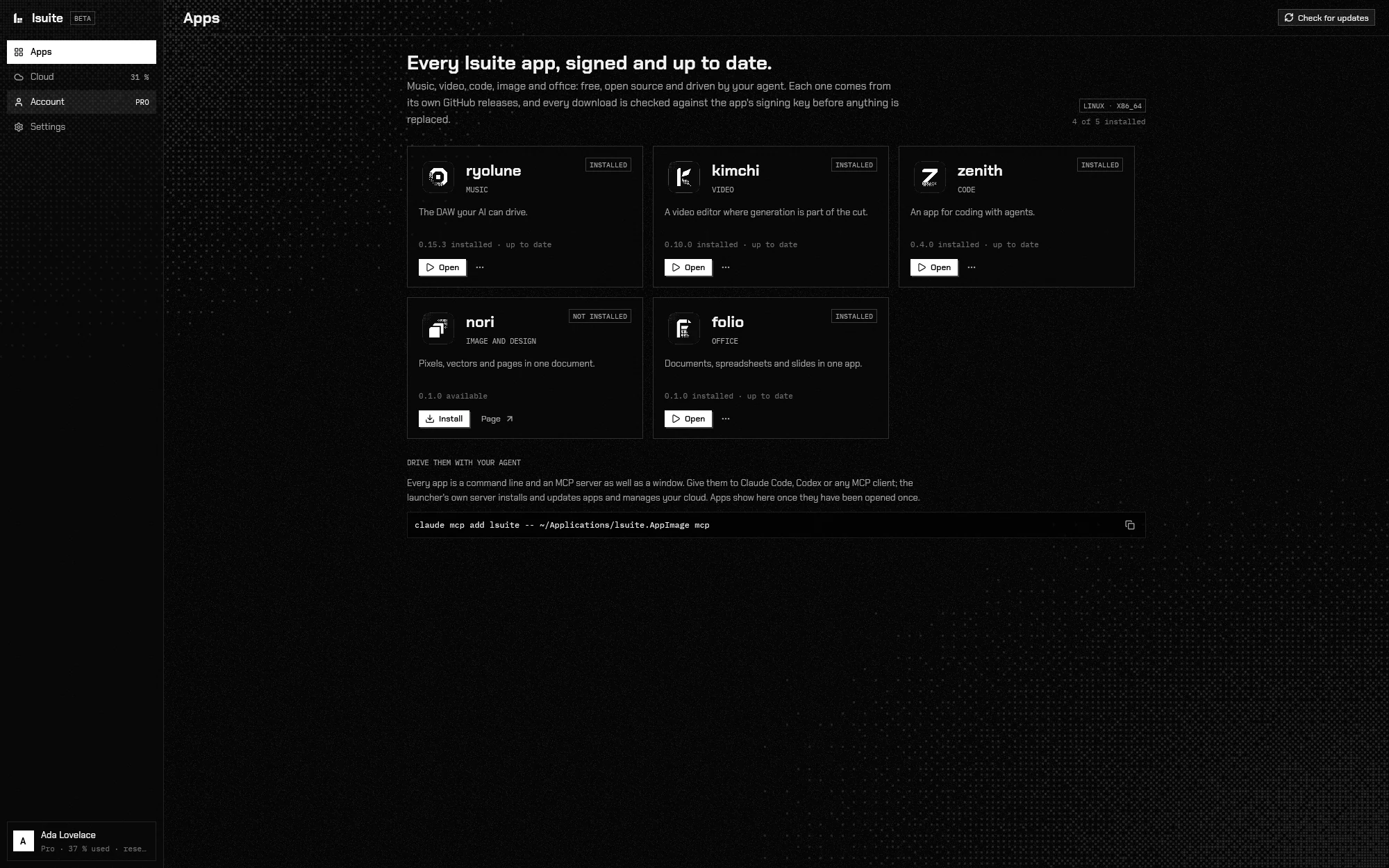The five lsuite apps in the launcher, with their versions and updates.