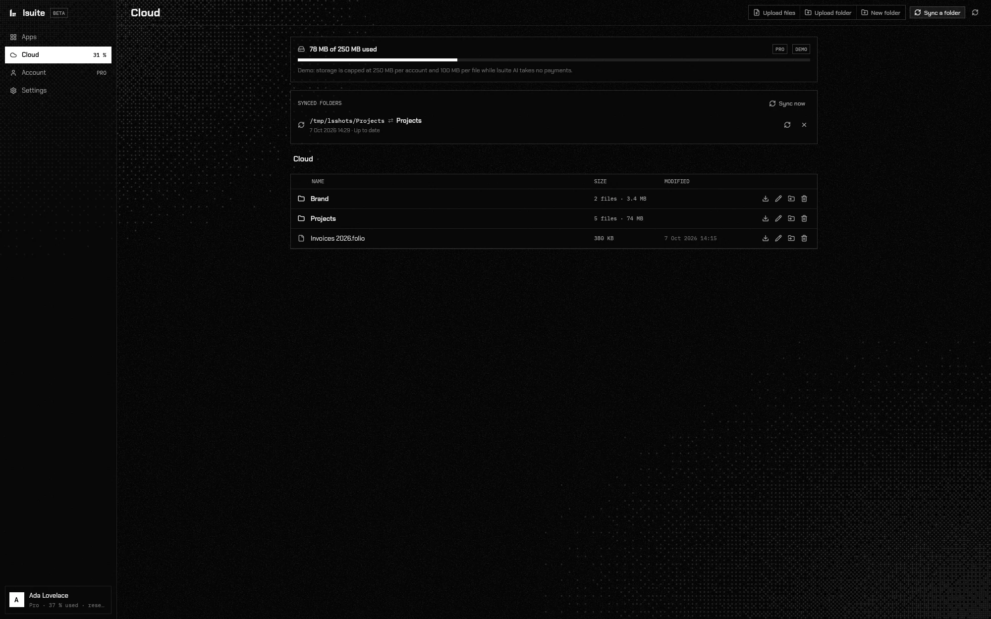 Folders and files in lsuite Cloud, in the launcher.